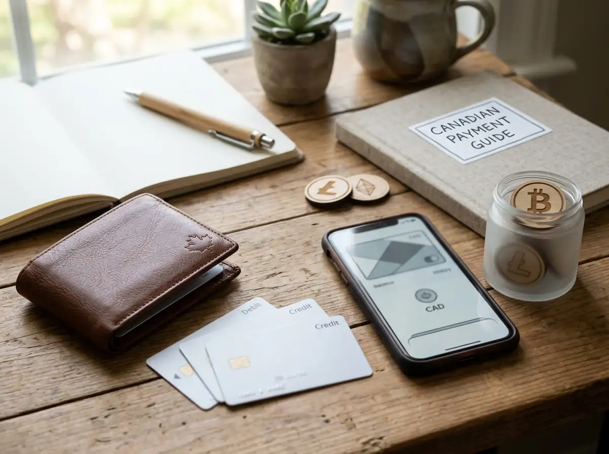 Canadian-dollar payment scene with bank cards, digital wallet and cryptocurrency phone interface