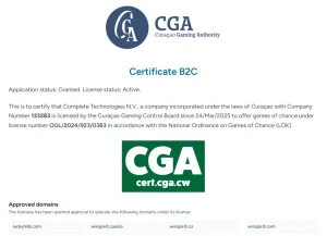 Public Curaçao Gaming Authority certificate entry showing WinSpirit licence details and approved domain