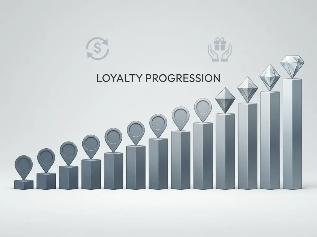 Thirteen ascending loyalty tiers from entry level to the top VIP tier