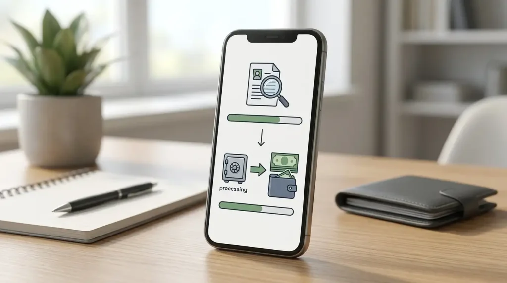 Withdrawal timeline showing identity checks and payment processing